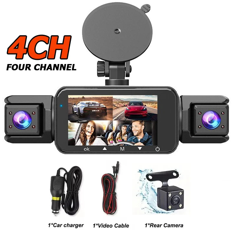 4-camera car video recorder, front, rear, and interior black box, night vision, loop recording, 360 car camera