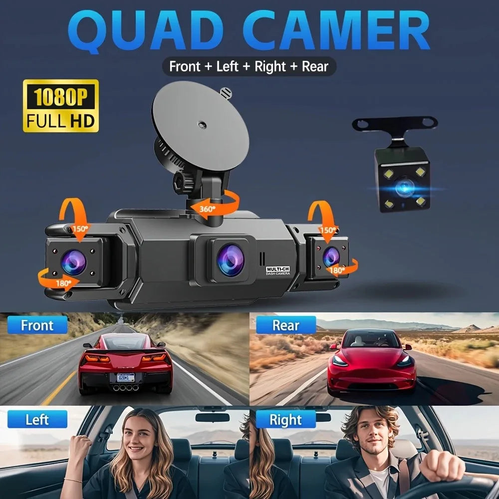 4-camera car video recorder, front, rear, and interior black box, night vision, loop recording, 360 car camera