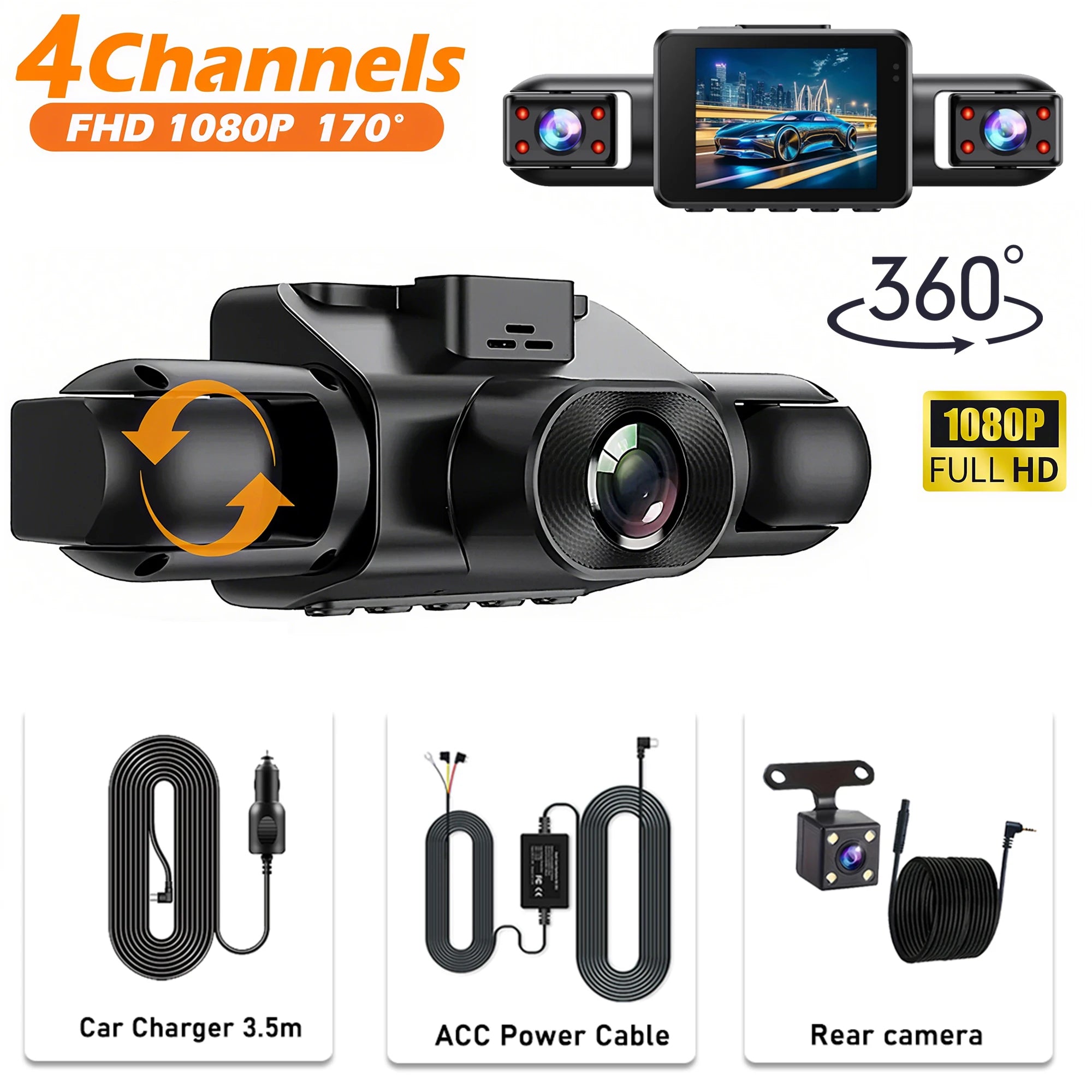 4-camera car video recorder, front, rear, and interior black box, night vision, loop recording, 360 car camera