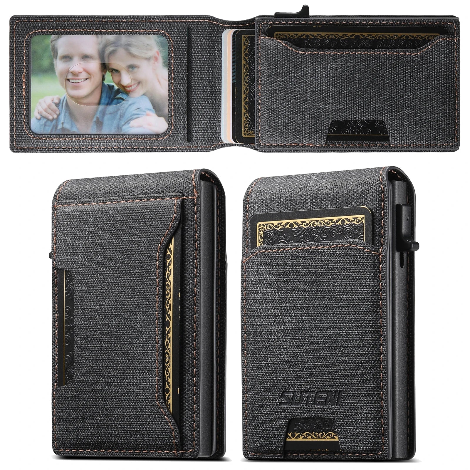 Push-out Card High quality PU leather Card Holder Wallet Holder Large Capacity Can Hold 1-12 Cards 1 Photo Black/Brown/Blue