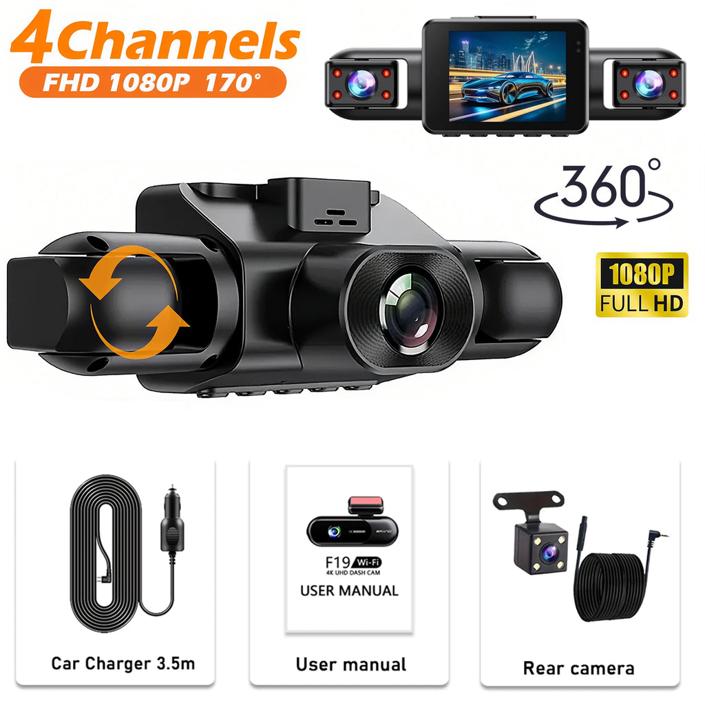 4-camera car video recorder, front, rear, and interior black box, night vision, loop recording, 360 car camera