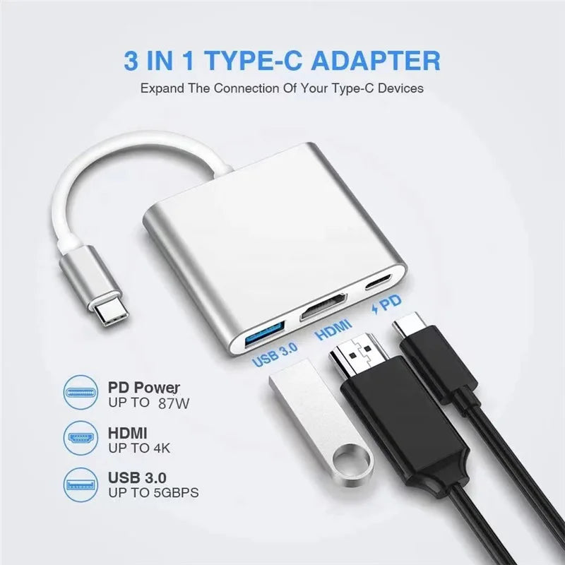 3 IN 1 USB C to HDMI-Compatible Adapter USB 3.1 Hub Type C Charging Converter for Samsung S23 Ultra Huawei Xiaomi Laptop Macbook