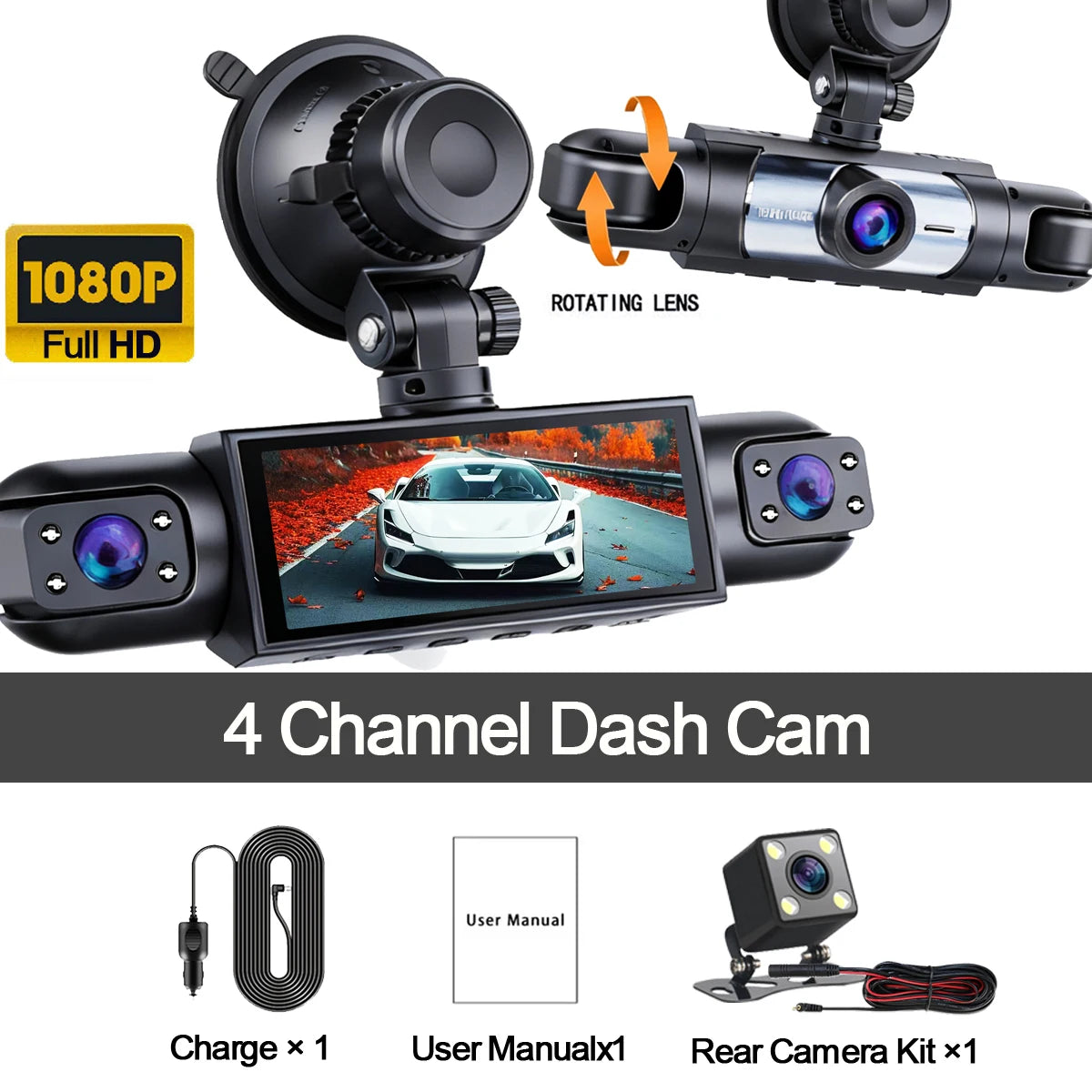 4-camera car video recorder, front, rear, and interior black box, night vision, loop recording, 360 car camera