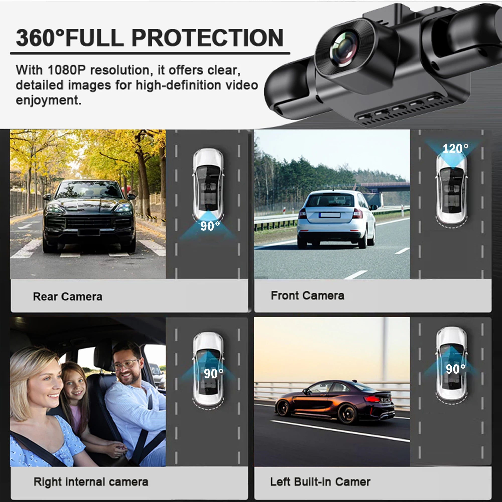 4-camera car video recorder, front, rear, and interior black box, night vision, loop recording, 360 car camera