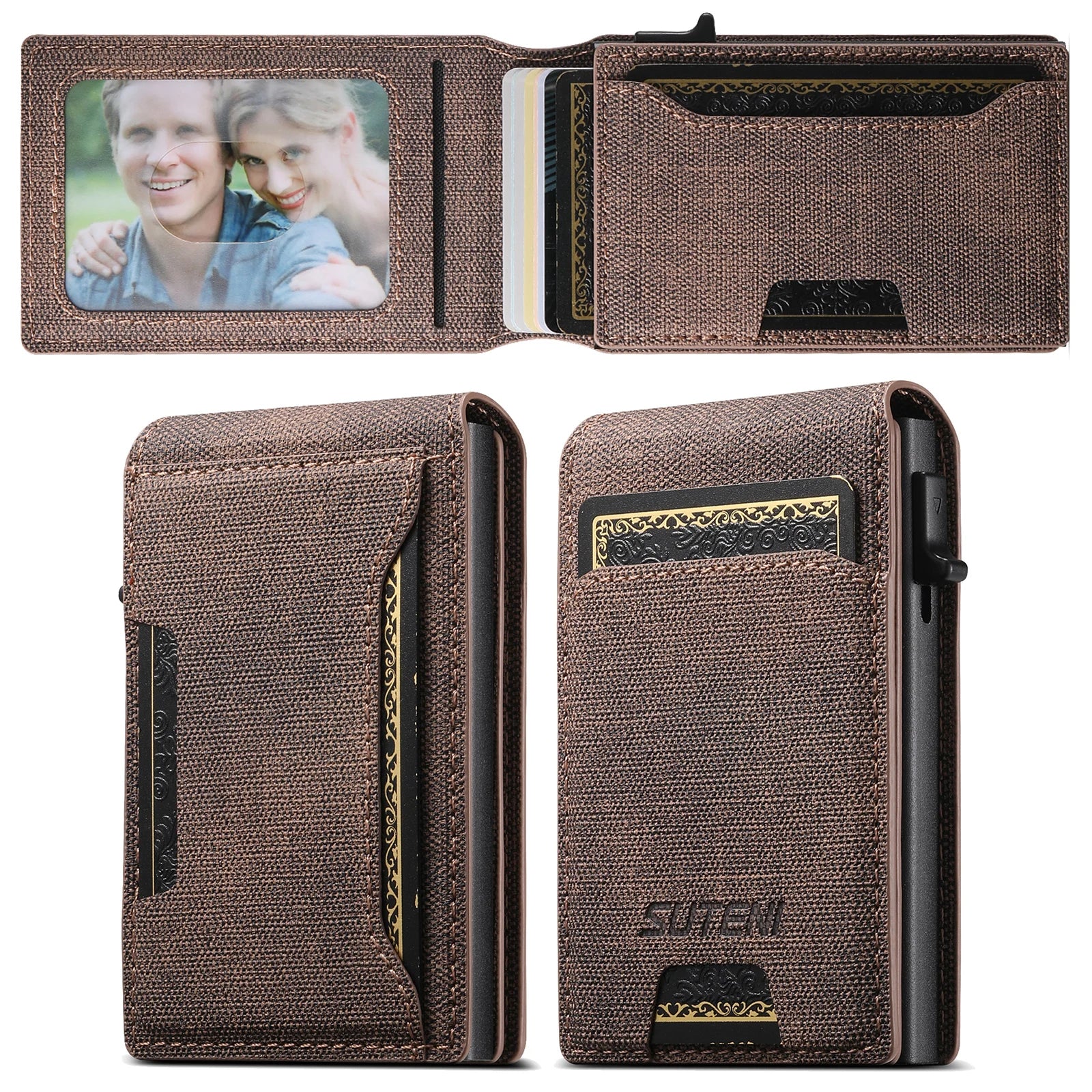 Push-out Card High quality PU leather Card Holder Wallet Holder Large Capacity Can Hold 1-12 Cards 1 Photo Black/Brown/Blue
