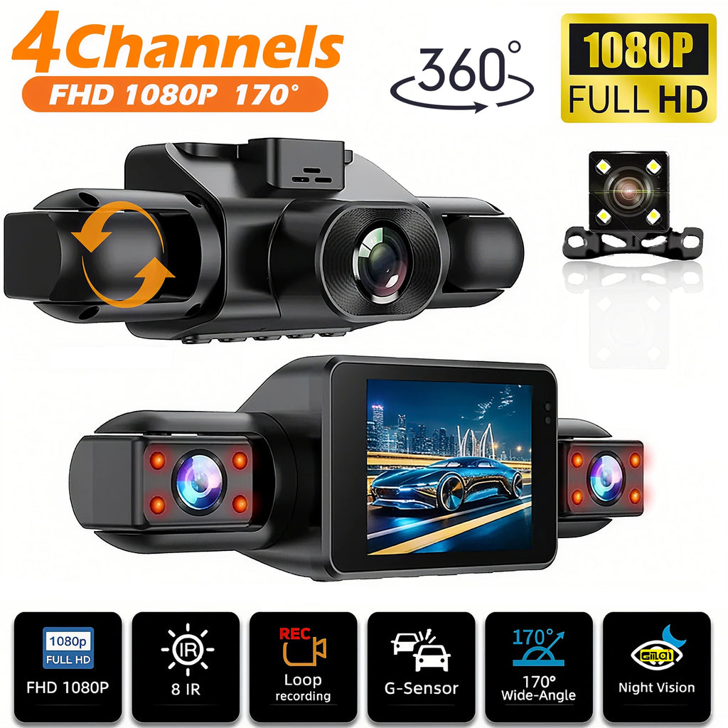 4-camera car video recorder, front, rear, and interior black box, night vision, loop recording, 360 car camera
