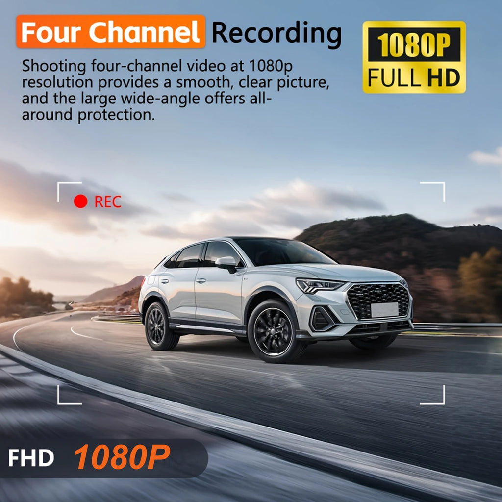 4-camera car video recorder, front, rear, and interior black box, night vision, loop recording, 360 car camera