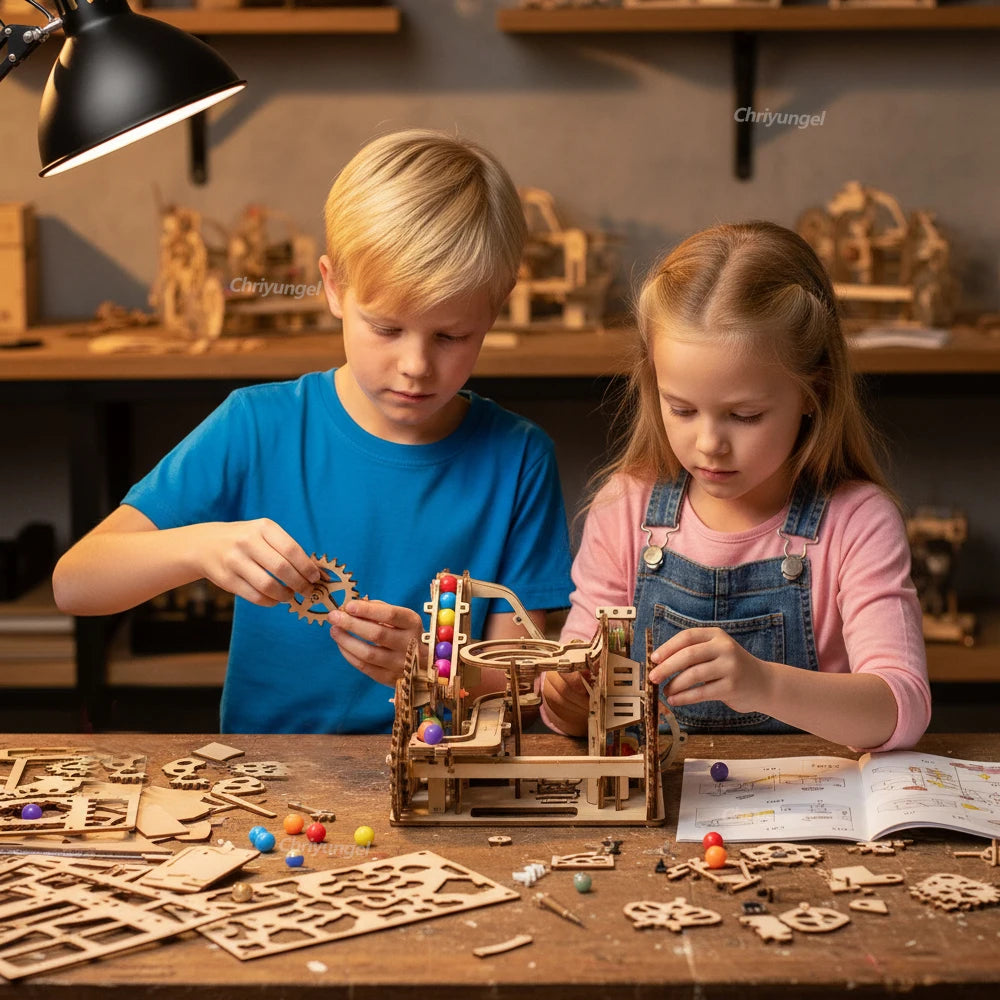 3D Wooden Puzzle Marble Run Set Electric Automatic Roller Coaster Model Building Kits STEAM Educational Toys Kids Adult Gifts