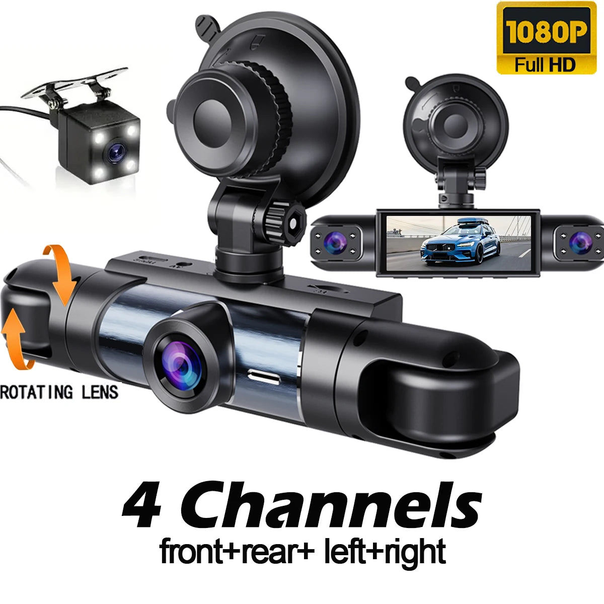 4-camera car video recorder, front, rear, and interior black box, night vision, loop recording, 360 car camera