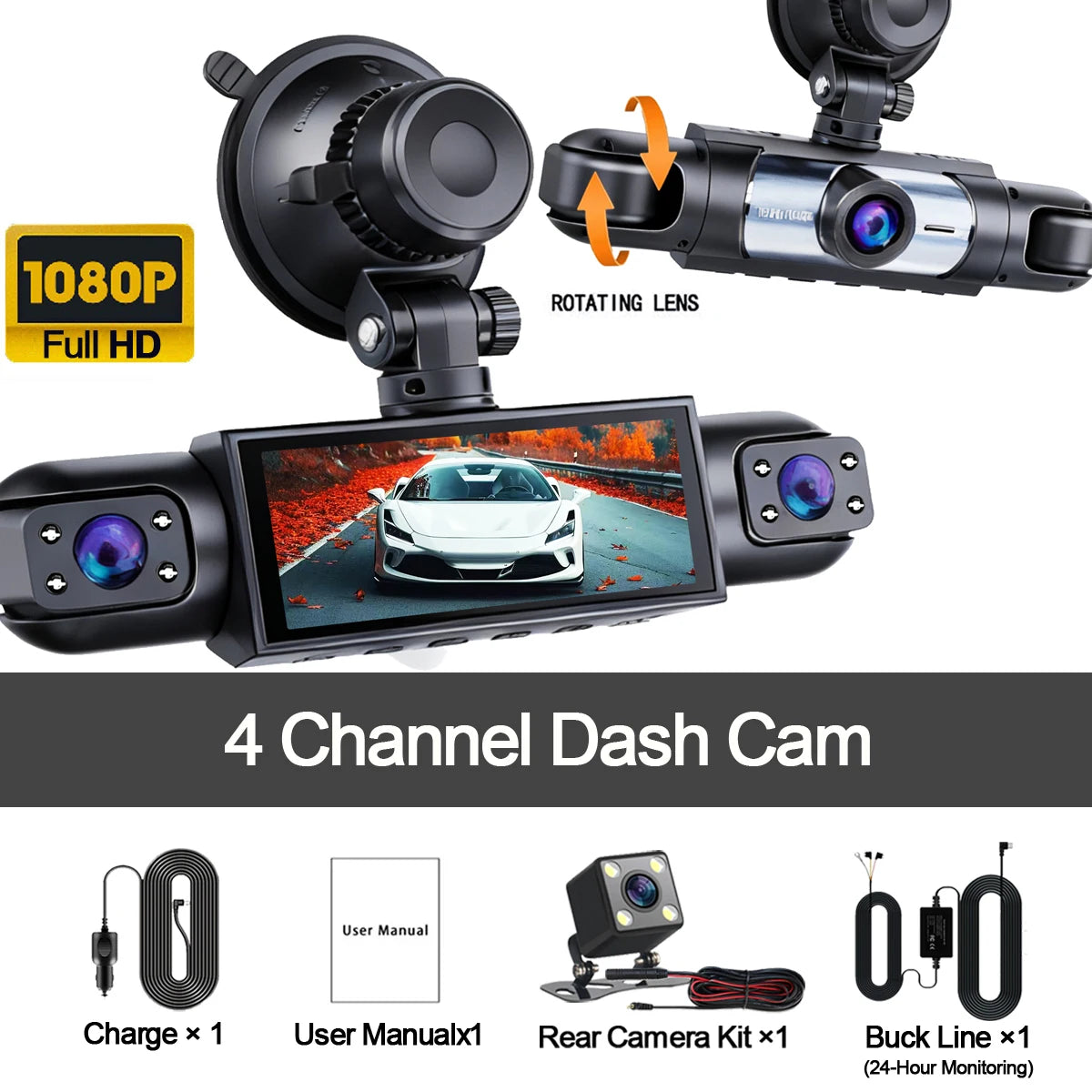 4-camera car video recorder, front, rear, and interior black box, night vision, loop recording, 360 car camera