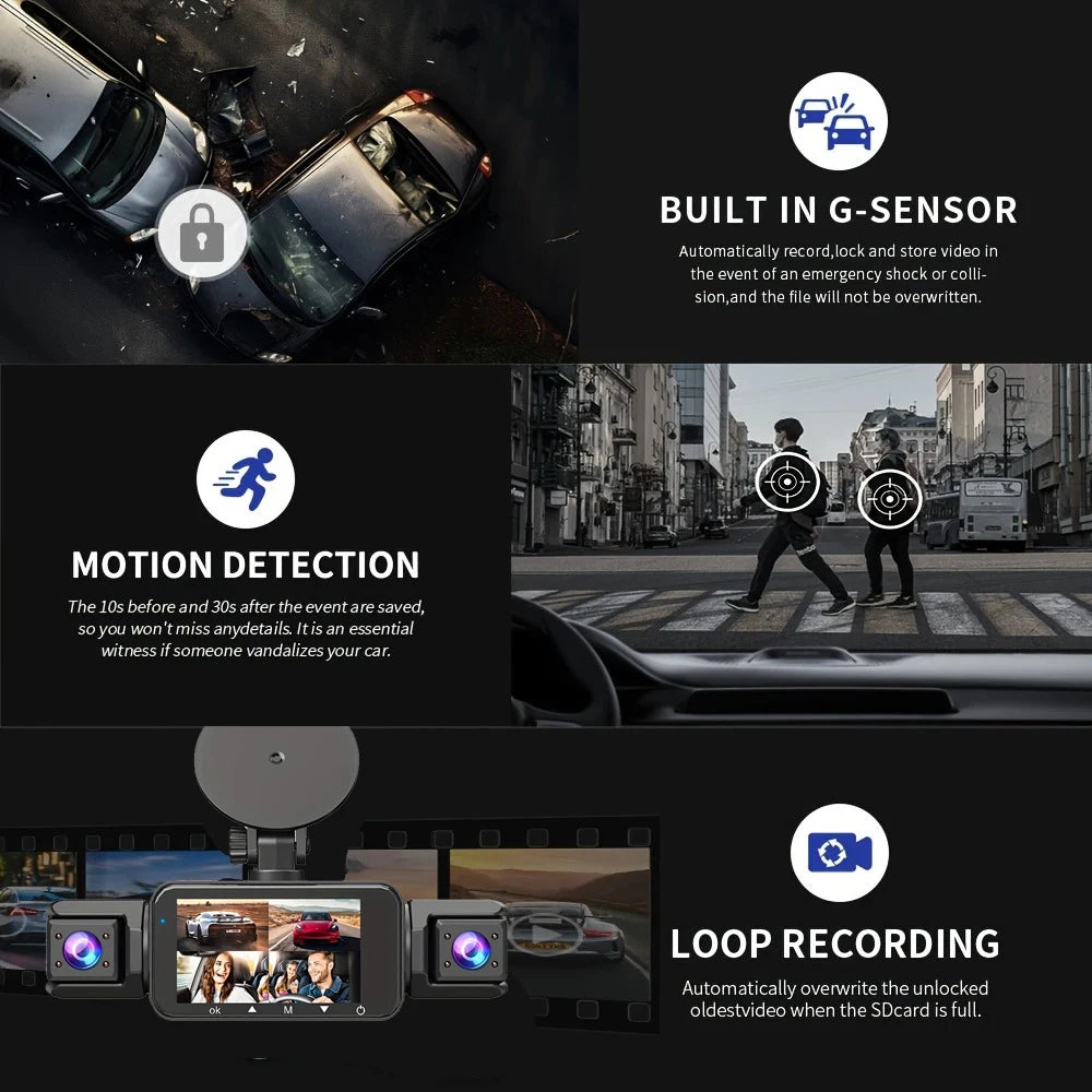 4-camera car video recorder, front, rear, and interior black box, night vision, loop recording, 360 car camera