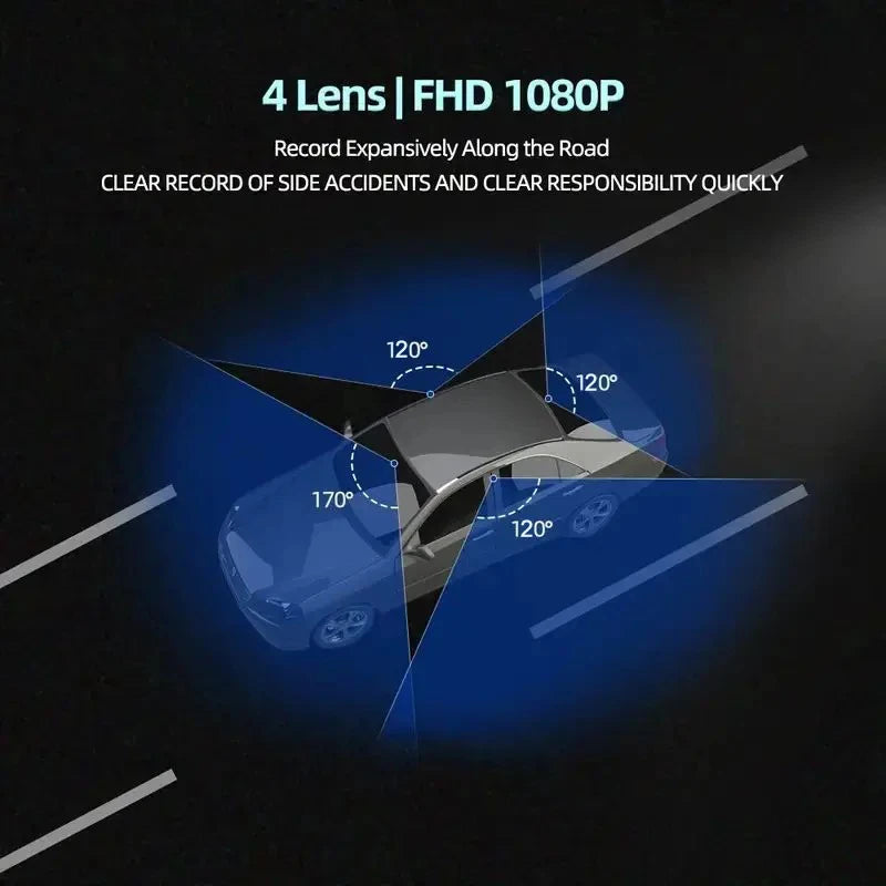 4-camera car video recorder, front, rear, and interior black box, night vision, loop recording, 360 car camera