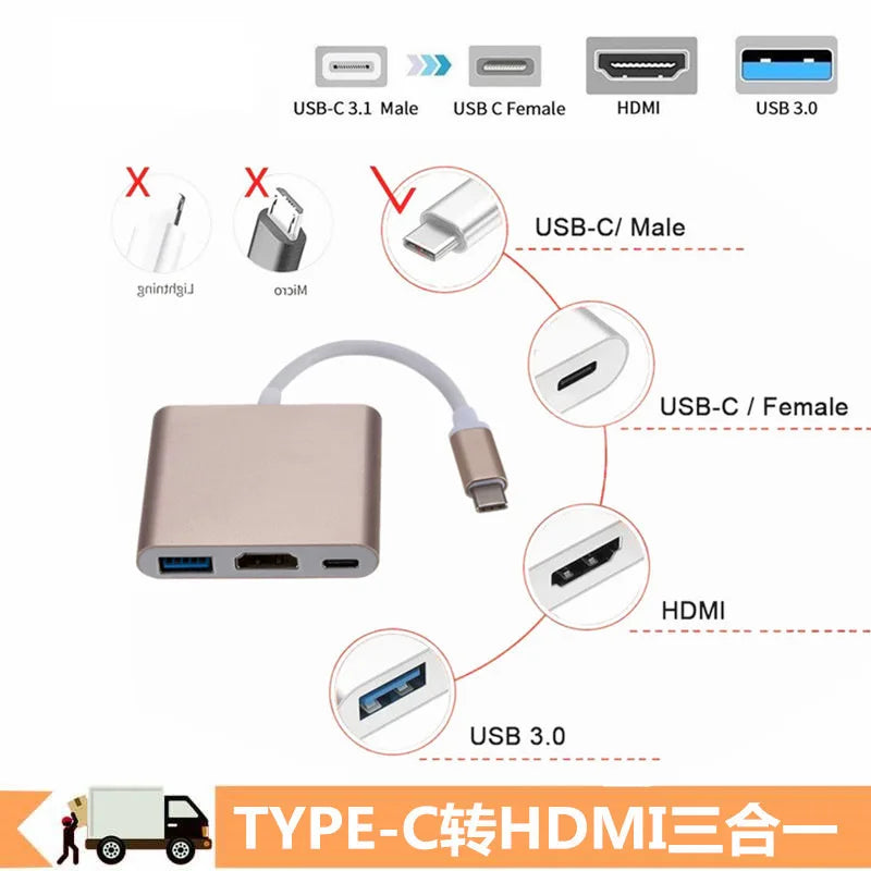 3 IN 1 USB C to HDMI-Compatible Adapter USB 3.1 Hub Type C Charging Converter for Samsung S23 Ultra Huawei Xiaomi Laptop Macbook